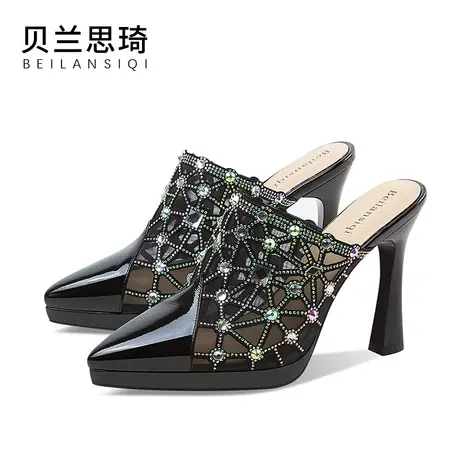 真皮水钻尖头防水台高跟鞋女春夏季网纱包头外穿粗跟凉拖鞋图片