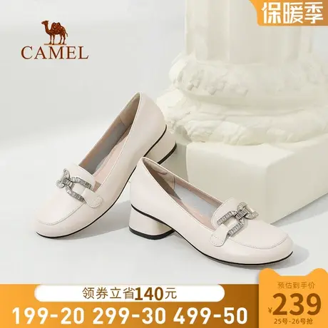 骆驼女鞋2024秋冬新款真皮圆头中跟休闲乐福鞋小皮鞋粗跟单鞋女商品大图
