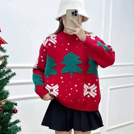 圣诞毛衣女红色加厚针织打底衫2023年新款韩系宽松内搭洋气女上衣商品大图