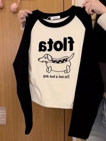 红续植绒腊肠狗狗加绒插肩长袖T恤女学院风显瘦内搭上衣秋冬新款图片