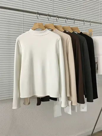 秋冬新款自留保暖加绒打底衫T恤百搭休闲叠穿加厚内搭洋气上衣女图片