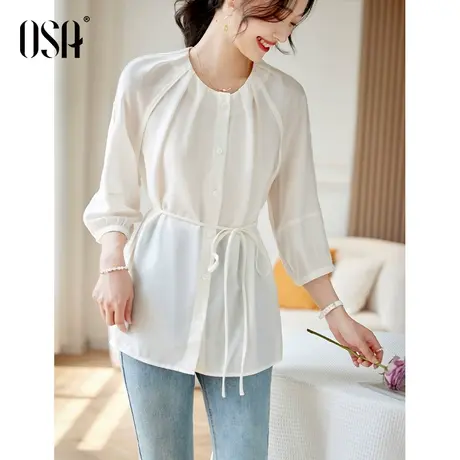 OSA欧莎七分袖绑带衬衫女夏季中长款收腰衬衣显瘦设计感气质上衣商品大图