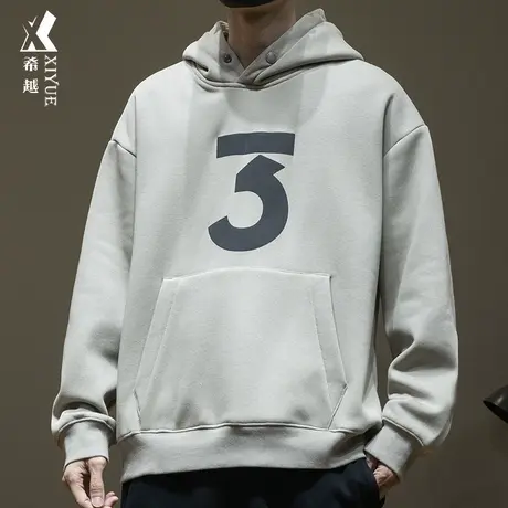 希越美式复古连帽卫衣男2023冬季加绒加厚宽松大码重磅男士套头衫商品大图