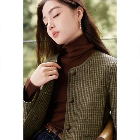 【直播间】香影千鸟格羊毛双面呢外套女2023秋冬新款圆领小个子商品大图
