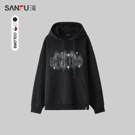 三福2024春季男士哥特字贴布卫衣 街头潮流连帽上衣男483454商品大图
