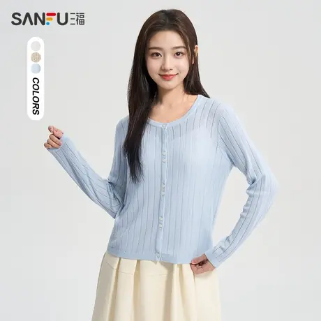 三福开衫2024新款春季圆领宽松纯色镂空百搭针织衫上衣女装482625商品大图