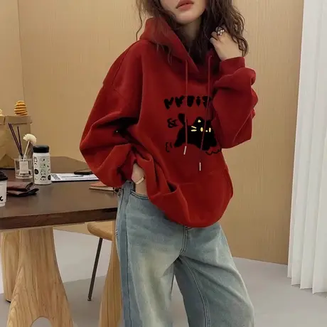 hiphop潮牌冬季情侣卫衣女大码ins复古卡通加绒上衣连帽保暖外套商品大图