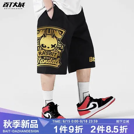 国潮2023夏季短裤男士复古兔子印花五分裤薄款宽松潮牌全棉运动裤商品大图