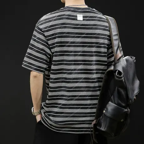 条纹百搭短袖t恤男士夏季宽松大码潮牌2024新款男装纯棉男款体恤商品大图