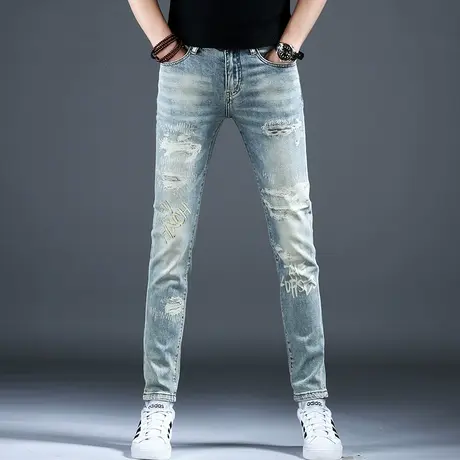 美式高街复古做旧牛仔裤男款2024新款春秋弹力潮牌裤子男小脚修身商品大图