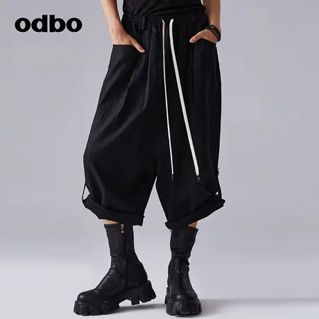 odbo/欧迪比欧时尚设计感黑色休闲裤女春季新款七分阔腿掉档裤商品大图