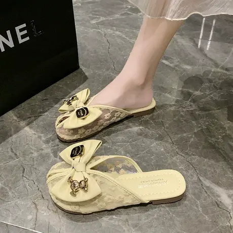 包头半拖鞋女外穿2024夏季新款鱼嘴网纱蝴蝶结软底平底防滑孕妇鞋商品大图