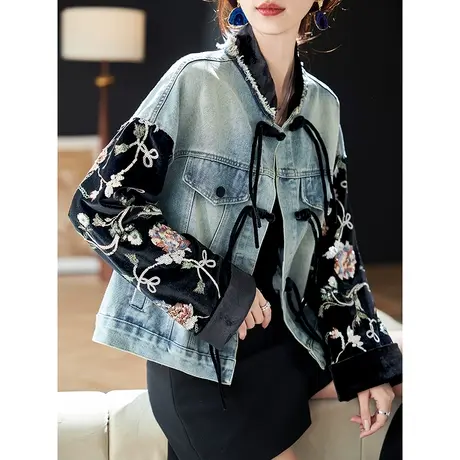 宝诗黎【新品价218元】新中式亮片拼接牛仔外套AMY6001图片