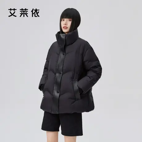 艾莱依2022新款大鹅羽绒服女立领皮质拼接鹅绒服加厚廓形冬季外套商品大图