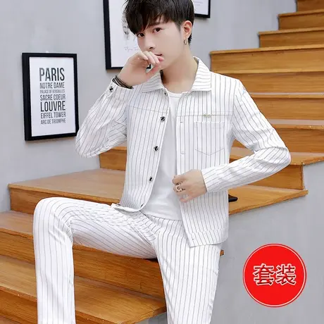 秋季男士休闲西服套装发型师潮牌韩版条纹外套小西装一套潮流衣服图片