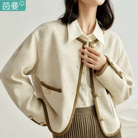 茵曼小香风高级感短外套女2024年春季新款撞色圆领长袖小个子上衣图片