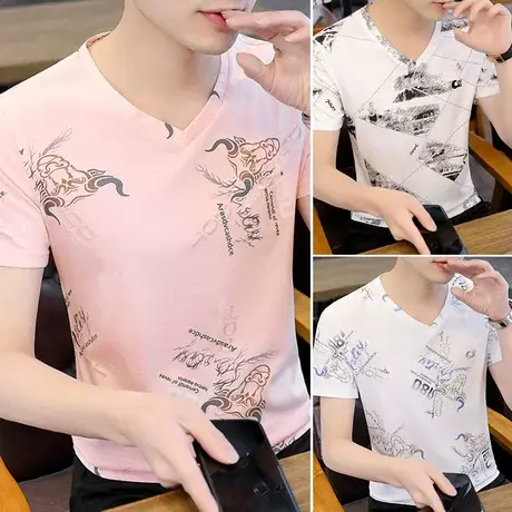 汗衫2023年夏季新款短袖男v领潮牌t恤宽松冰丝半袖打底衫体恤衣服商品大图