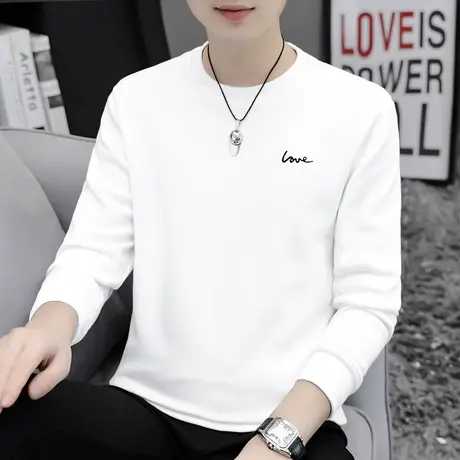 重磅纯棉长袖t恤男秋冬摇粒绒加绒加厚白色打底衫内搭全棉秋衣服图片