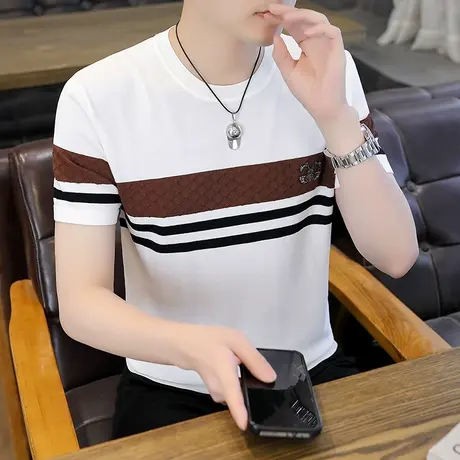 夏季新款冰丝短袖t恤男圆领条纹针织衫高端男士潮流夏装薄款半袖商品大图