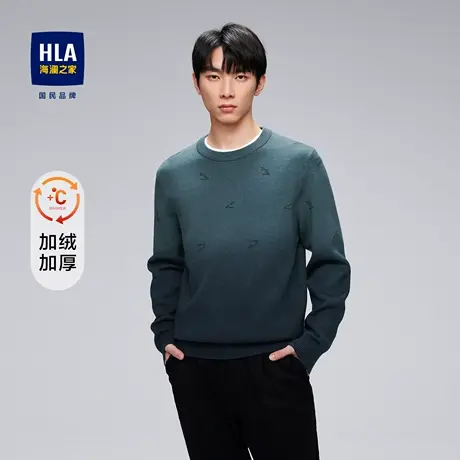 【加绒加厚】HLA/海澜之家长袖针织衫渐变提花圆领休闲保暖毛衣男图片