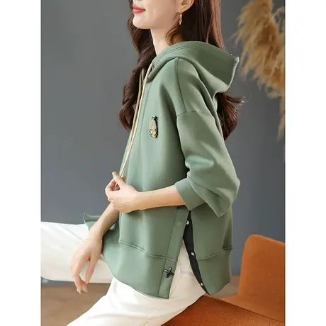 宝诗黎连帽钉珠纯色宽松上衣女落肩长袖2023秋季新款休闲开衩卫衣商品大图