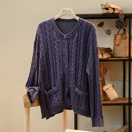享永子【复古提花】棉质麻花减龄休闲针织开衫毛衣外套女商品大图