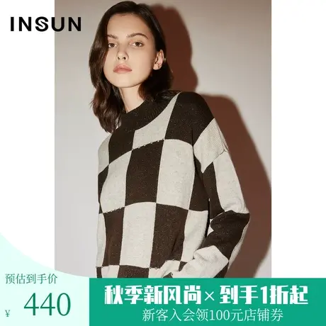 恩裳COVER冬季2022潮流棋盘格镶钻百搭复古舒适羊毛毛织衫女图片