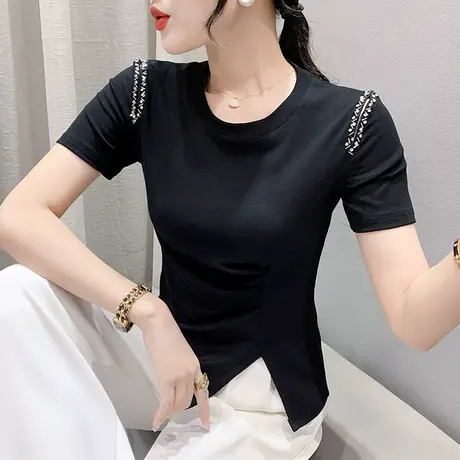 时尚不规则短袖上衣女夏季设计感开叉镂空T恤个性修身圆领小衫潮商品大图