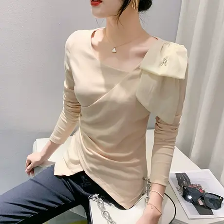 欧货不规则开叉上衣女长袖2023秋季新款收腰显瘦打底衫别致T恤ins图片