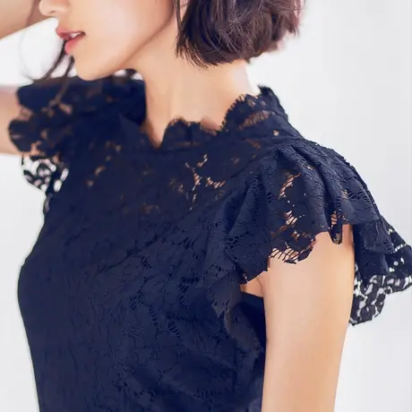 雷丝打底衫韩版镂空喇叭袖小衫短袖修身百搭黑色蕾丝上衣女士秋装图片