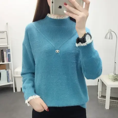 水貂绒毛衣女秋冬加厚爆款2022新款蕾丝边洋气内搭半高领打底衫女商品大图