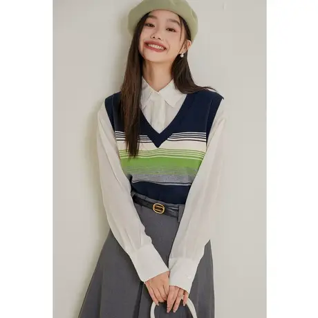 弥古学院风撞色条纹针织马甲女2023新款春秋v领背心外搭叠穿上衣商品大图