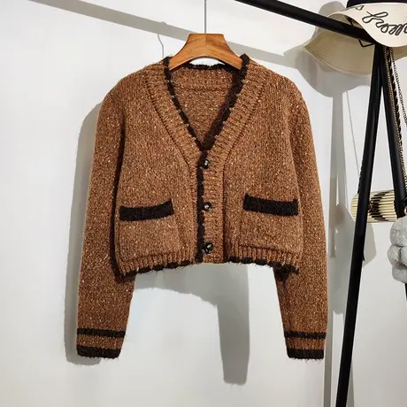 短款小个子毛衣开衫女春秋新款复古v领设计感小众杂色针织衫外套商品大图