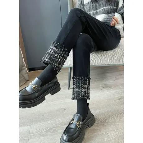 直筒牛仔裤女拼接2023年春秋季新款高腰显瘦小个子九分烟管裤子女图片