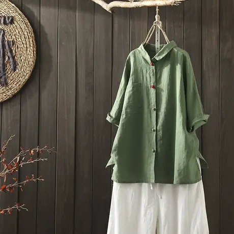 枫谜2020年夏装新款文艺简约纯色棉麻短袖衬衫女宽松休闲亚麻衬衣商品大图
