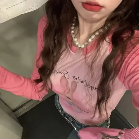 长袖t恤女韩版短款紧身春秋辣妹打底衫内搭粉色新款薄款圆领上衣图片