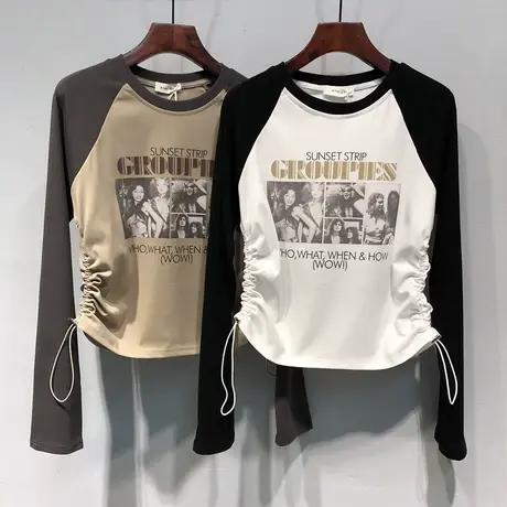 23秋装新款袖子拼色欧美人物图案双侧抽绳短款长袖T恤辣妹上衣女商品大图