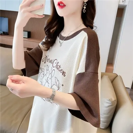 小众设计感短袖t恤女夏季韩版宽松大码女装中长款撞色小个子上衣图片