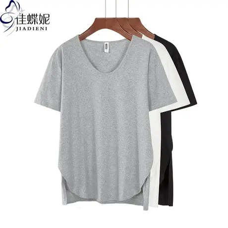 夏季新款韩版圆领中长款下摆圆弧纯棉宽松纯色短袖体恤上衣女装商品大图