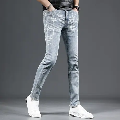 牛仔裤男夏季新款潮牌印花蓝色修身小脚个性百搭弹力男士高端裤子商品大图