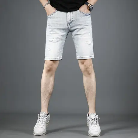 破洞五分牛仔裤男夏季2023新款弹力时尚潮牌补丁浅蓝色薄款裤子男商品大图