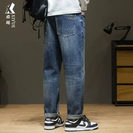 希越美式复古水洗牛仔裤男秋季宽松大码直筒口袋提花刺绣设计裤子商品大图