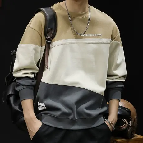 潮牌重磅卫衣男秋冬款圆领男款加绒衣服2023新款长袖大码拼色拼接商品大图