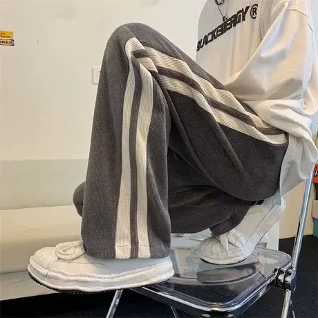 撞边条纹灯芯绒裤子男秋季潮牌宽松垂感直筒长裤阔腿宽松休闲卫裤图片