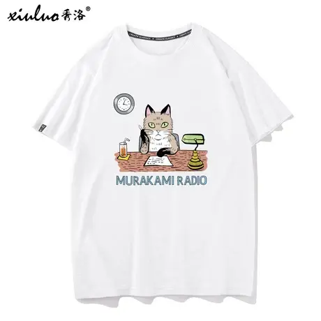秀洛联名村上春树Murakami Radio手绘小猫咪印花T恤短袖男女图片