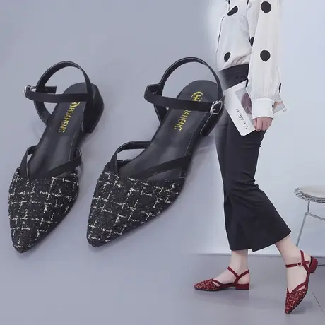 2023新款网红夏季单鞋尖头鞋温柔鞋仙女平底鞋百搭包头一字扣凉鞋商品大图