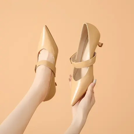 复古小尖头法式高跟鞋女细跟2023秋季新款一字扣单鞋女中跟不累脚图片