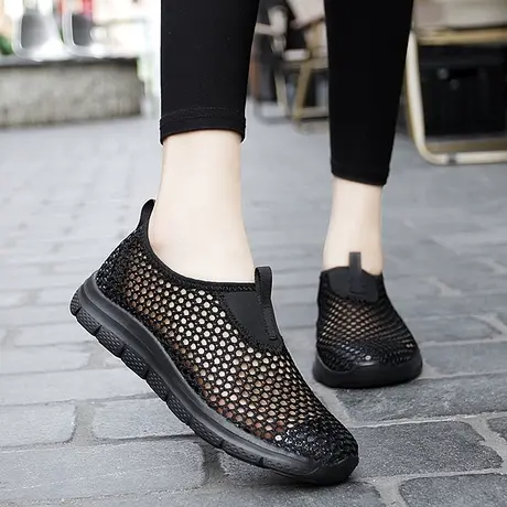 全黑色网面运动鞋女夏季不臭脚工作鞋防滑软底一脚蹬网眼镂空网鞋商品大图