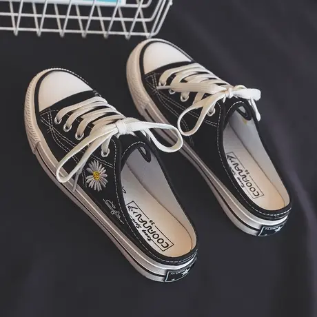 小雏菊半拖小白鞋女2023夏季透气无后跟一脚蹬懒人帆布鞋百搭潮鞋商品大图