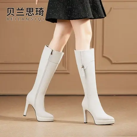 真皮尖头防水台高跟长靴女不过膝2023秋冬季新款加绒厚底粗跟高筒商品大图